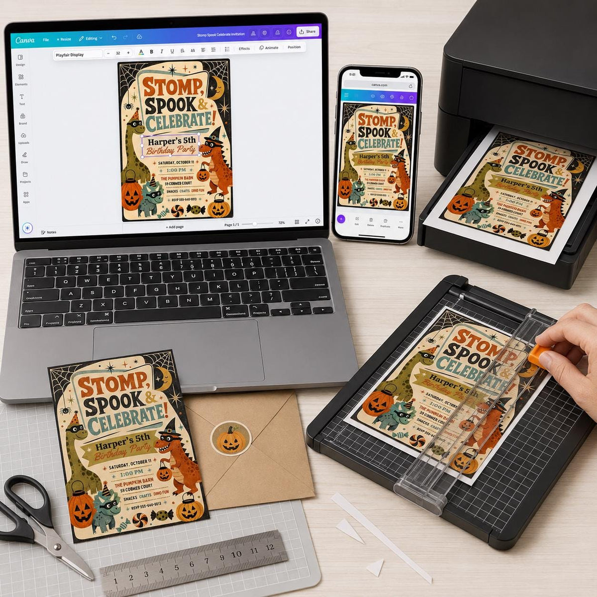 Retro Dinosaur Halloween 5th Birthday Invitation — digital invitation, instant download