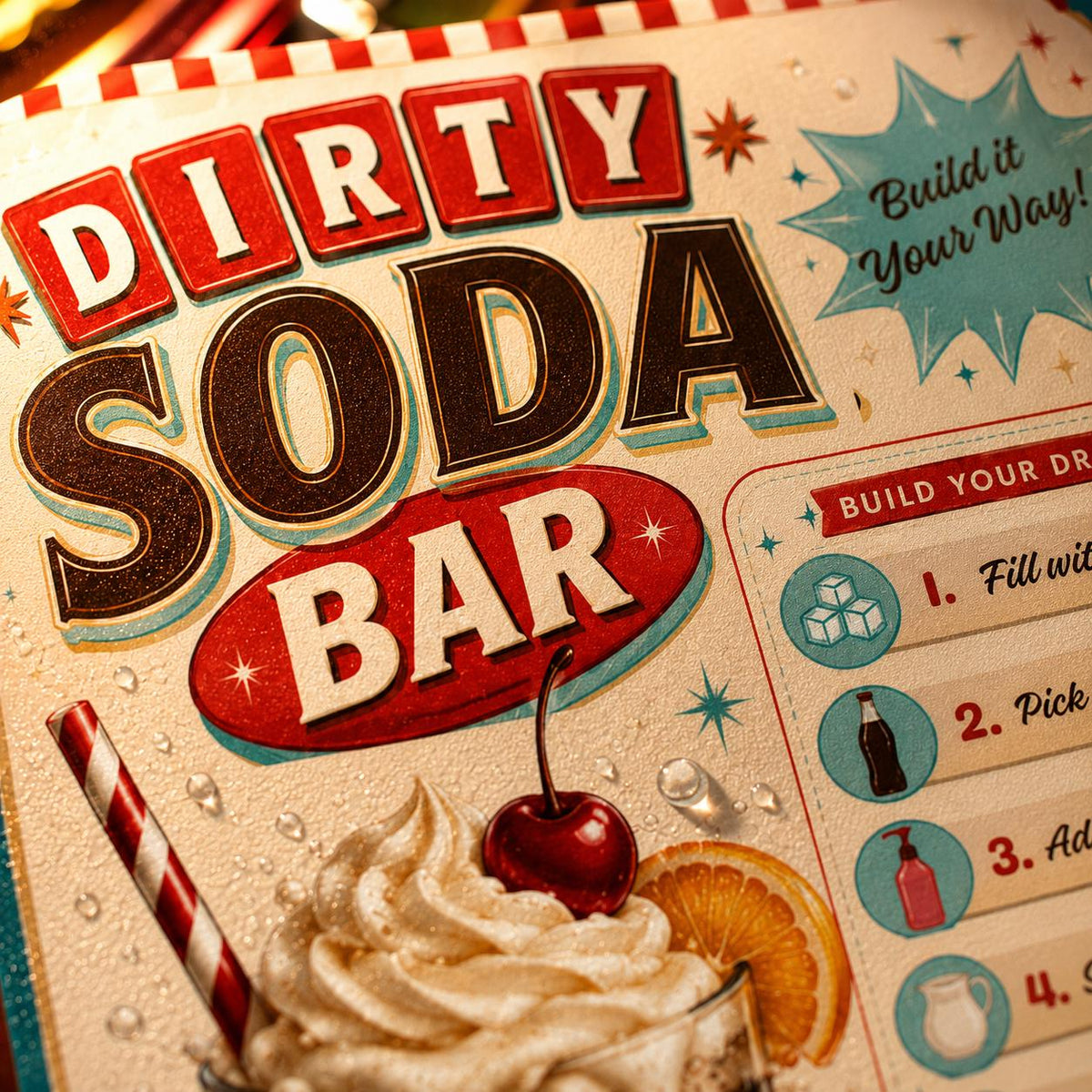 Retro Dirty Soda Bar Recipe Sign in cream and red