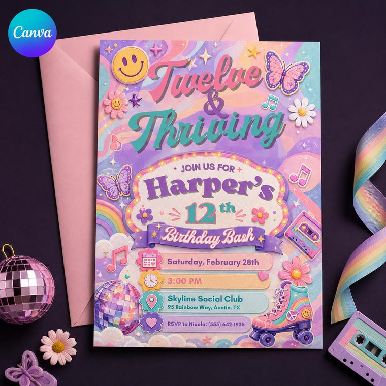 Retro Disco 12th Birthday Roller Skating Invitation for Girls