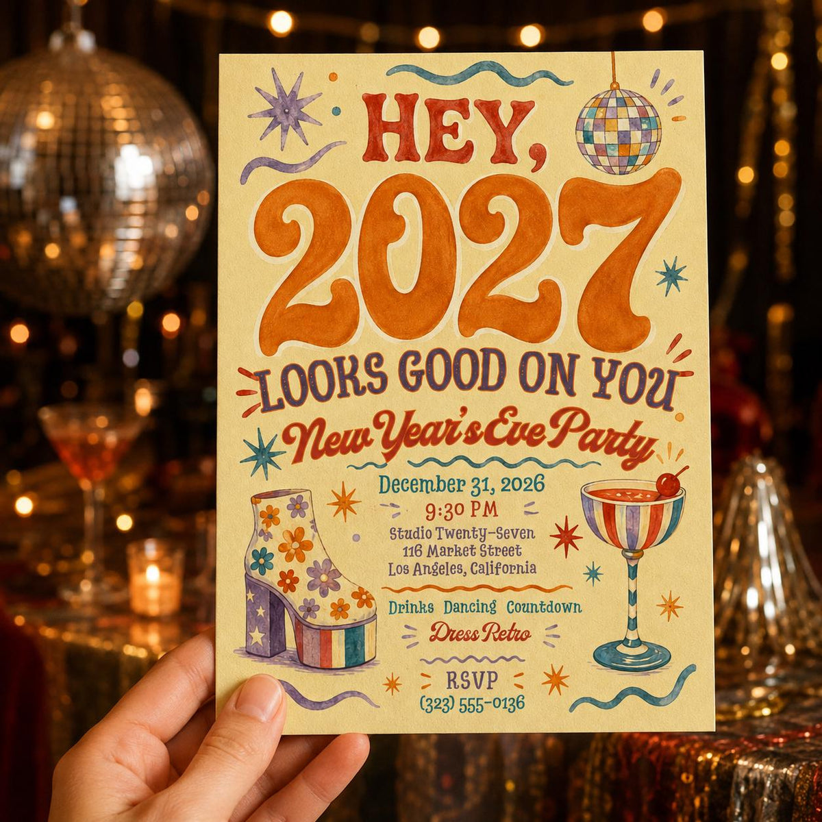 Retro Disco 2027 New Years Eve Invitation — invitation you personalize in Canva