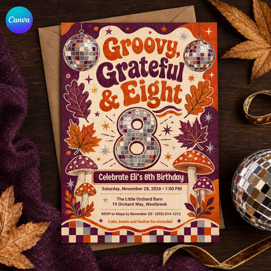 Retro Disco Groovy 8th Birthday Invitation — editable Canva template
