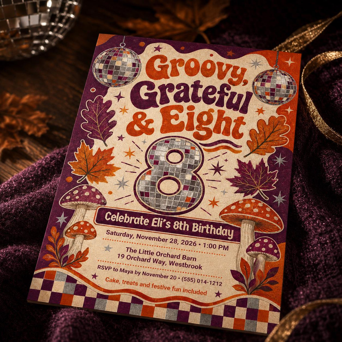 Retro Disco Groovy 8th Birthday Invitation — invitation you personalize in Canva