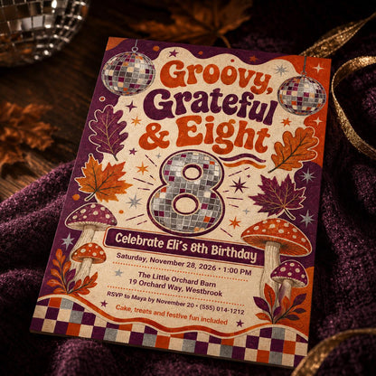 Retro Disco Groovy 8th Birthday Invitation — invitation you personalize in Canva
