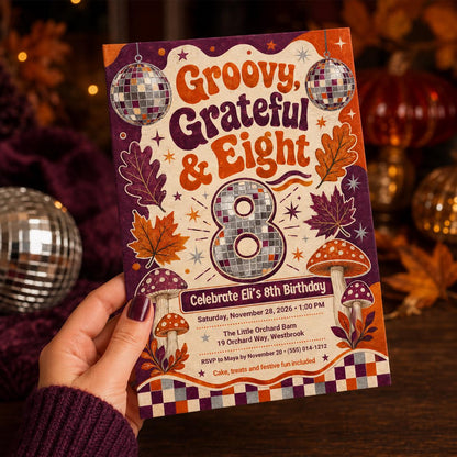 Retro Disco Groovy 8th Birthday Invitation — digital invitation, instant download