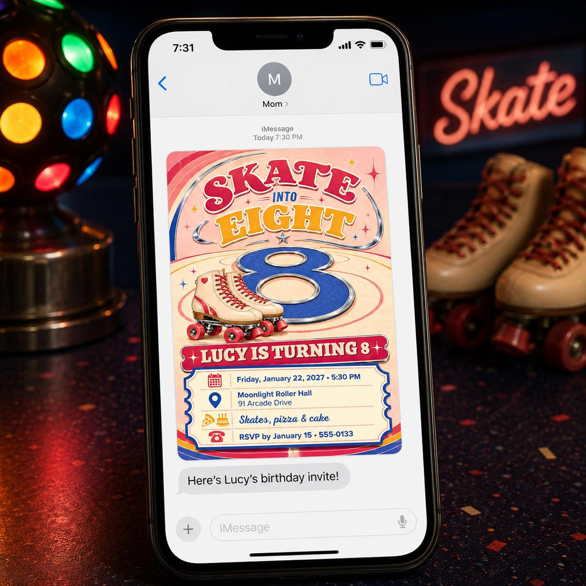 Retro Disco Roller Skate 8th Birthday Invitation for Girls — invitation you personalize in Canva