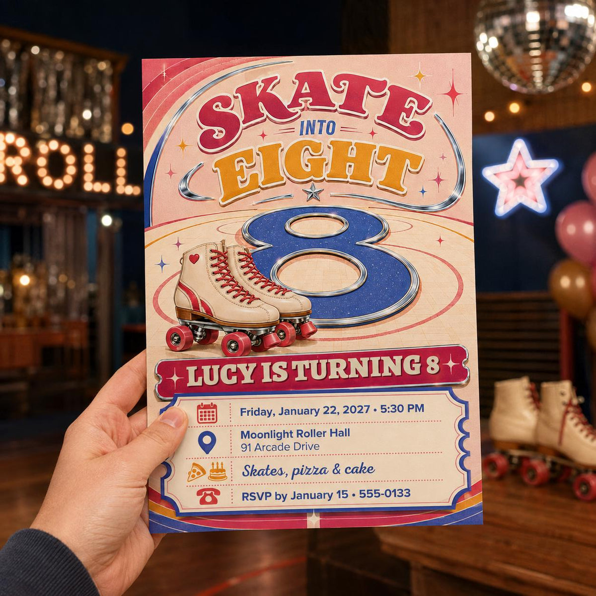 Retro Disco Roller Skate 8th Birthday Invitation for Girls — print-ready 8th birthday party design from VoltBy