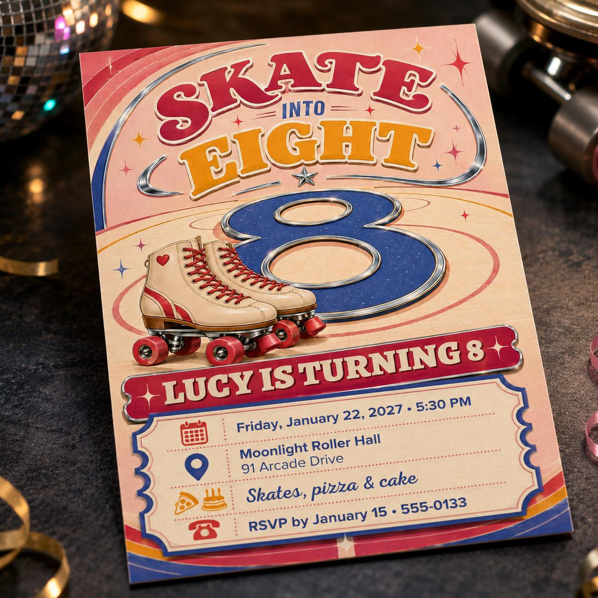 Retro Disco Roller Skate 8th Birthday Invitation for Girls — 8th birthday party stationery by VoltBy