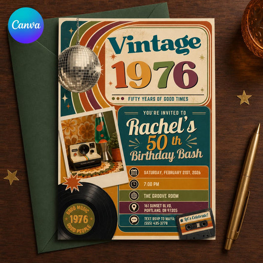 Retro Disco Vintage 1976 50th Birthday Invitation — editable Canva template