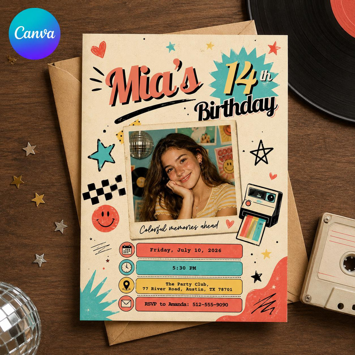 Retro Doodle Photo 14th Birthday Invitation — editable Canva template