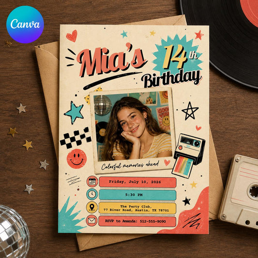Retro Doodle Photo 14th Birthday Invitation — editable Canva template