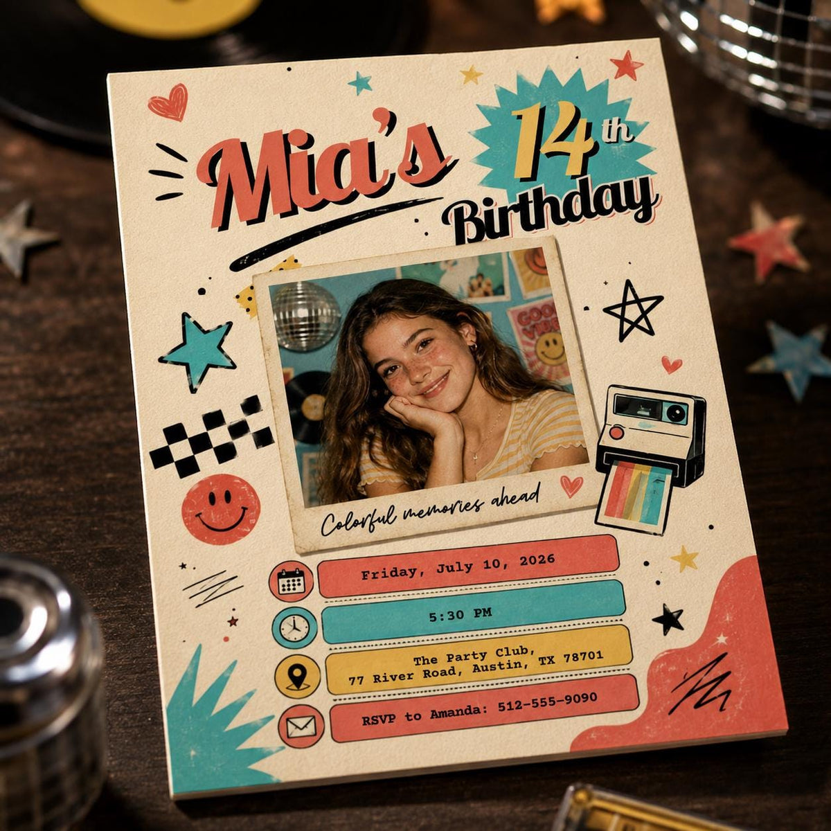 Retro Doodle Photo 14th Birthday Invitation in cream and red