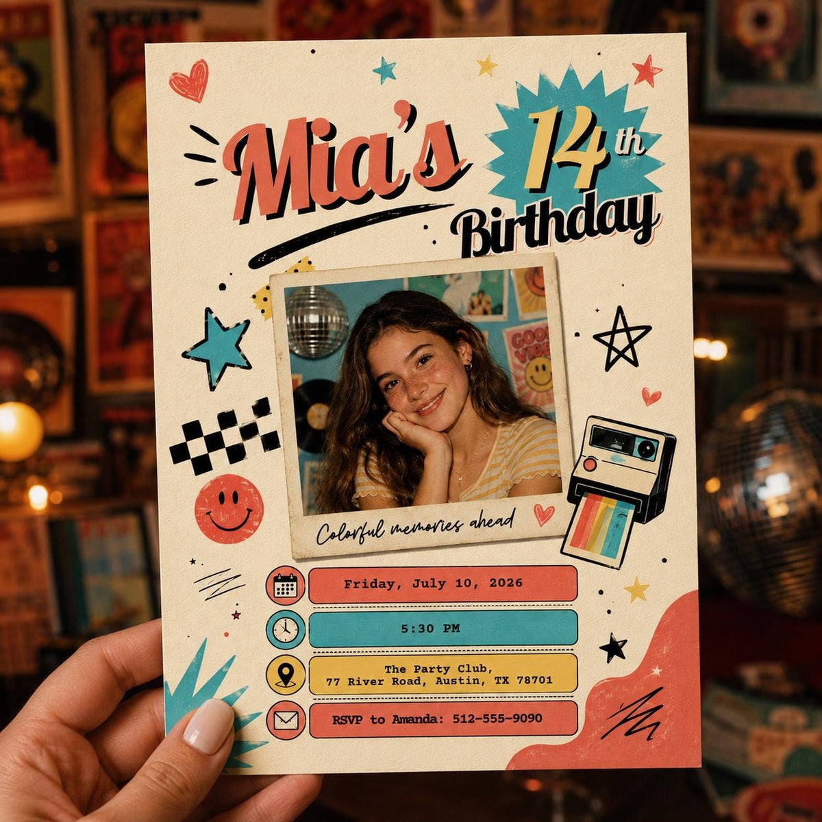Retro Doodle Photo 14th Birthday Invitation — invitation you personalize in Canva