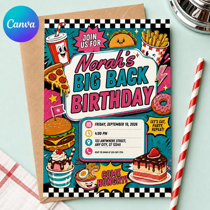 Retro Fast Food Birthday Invitation — editable Canva template