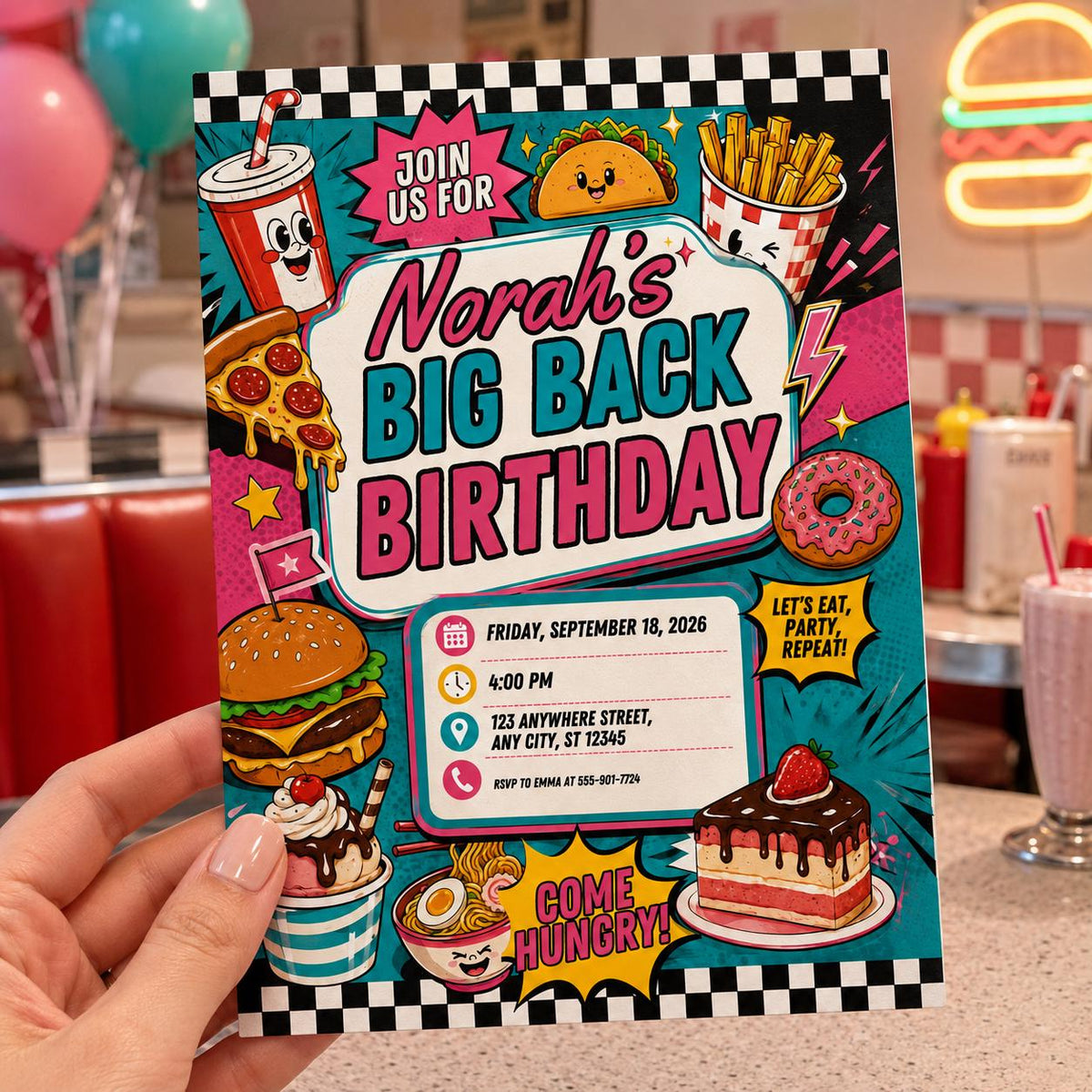 Retro Fast Food Birthday Invitation — print-ready birthday party design from VoltBy
