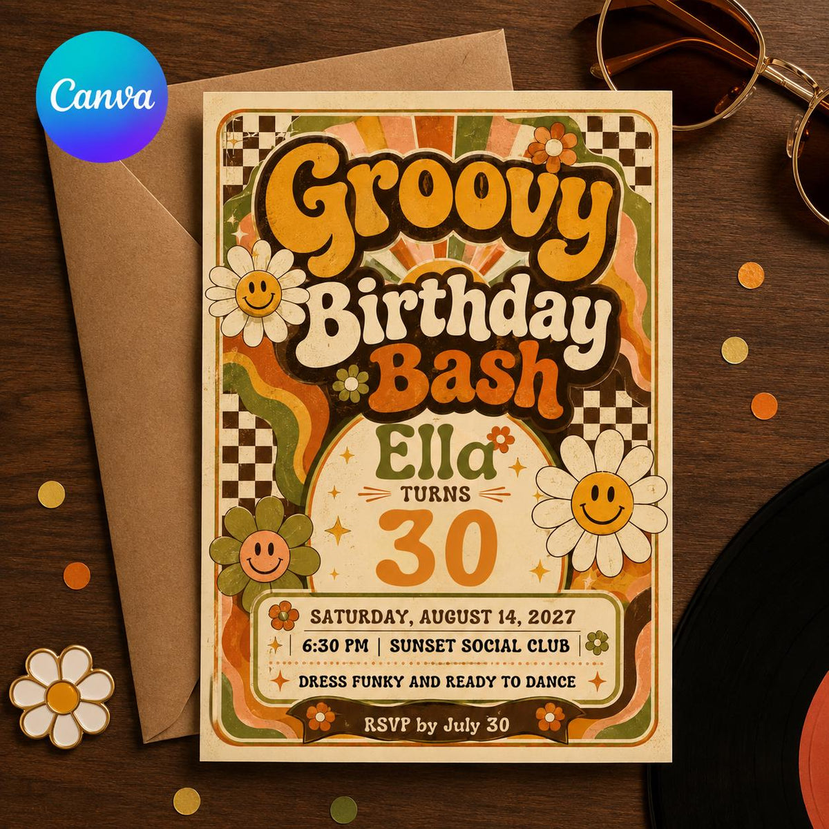 Retro Floral 30th Birthday Invitation — editable Canva template