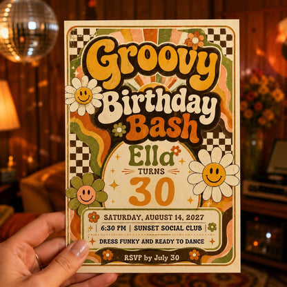 Retro Floral 30th Birthday Invitation — 1970s 30th birthday party design