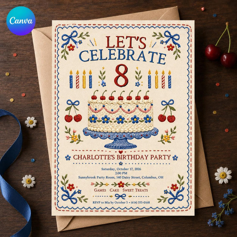 Retro Floral Vintage 8th Birthday Invitation
