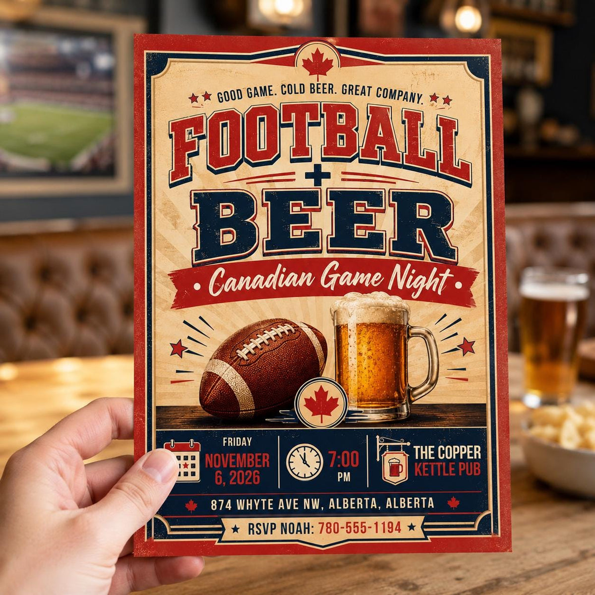 Retro Football and Beer Invitation — print-ready game night design from VoltBy