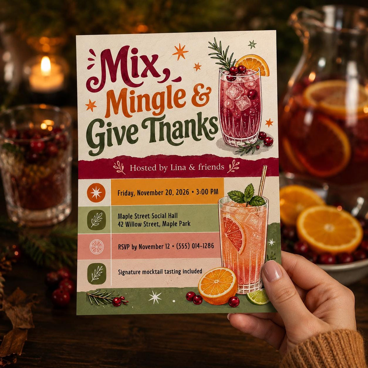 Retro Friendsgiving Cocktail Party Invitation — Thanksgiving gathering stationery by VoltBy