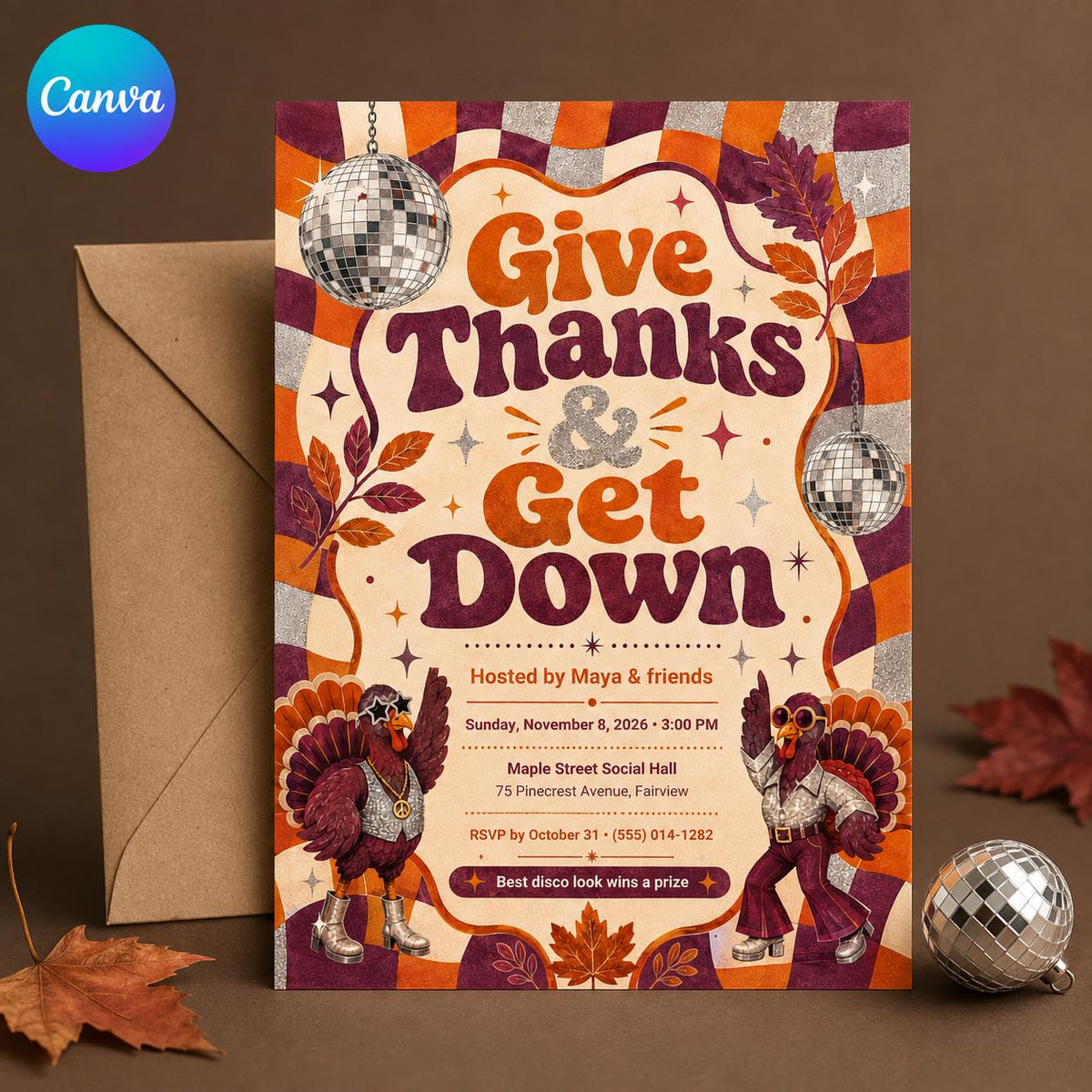 Retro Friendsgiving Disco Party Invitation — editable Canva template