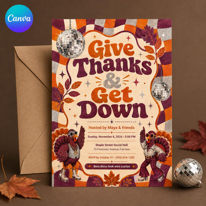 Retro Friendsgiving Disco Party Invitation — editable Canva template