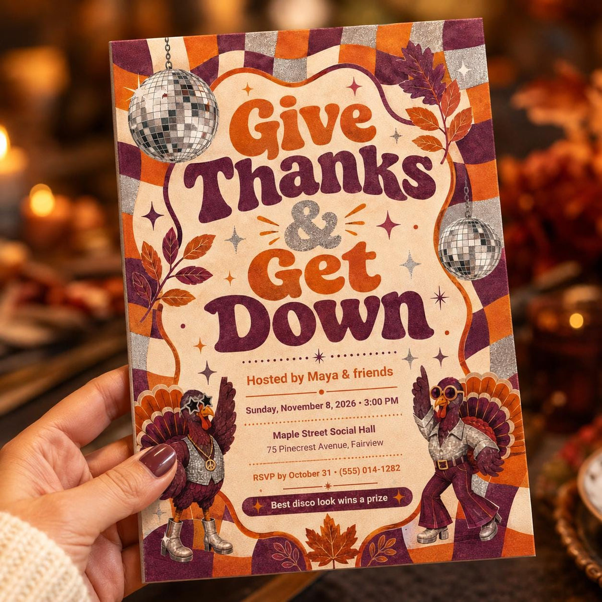 Retro Friendsgiving Disco Party Invitation — 1970s Thanksgiving gathering design