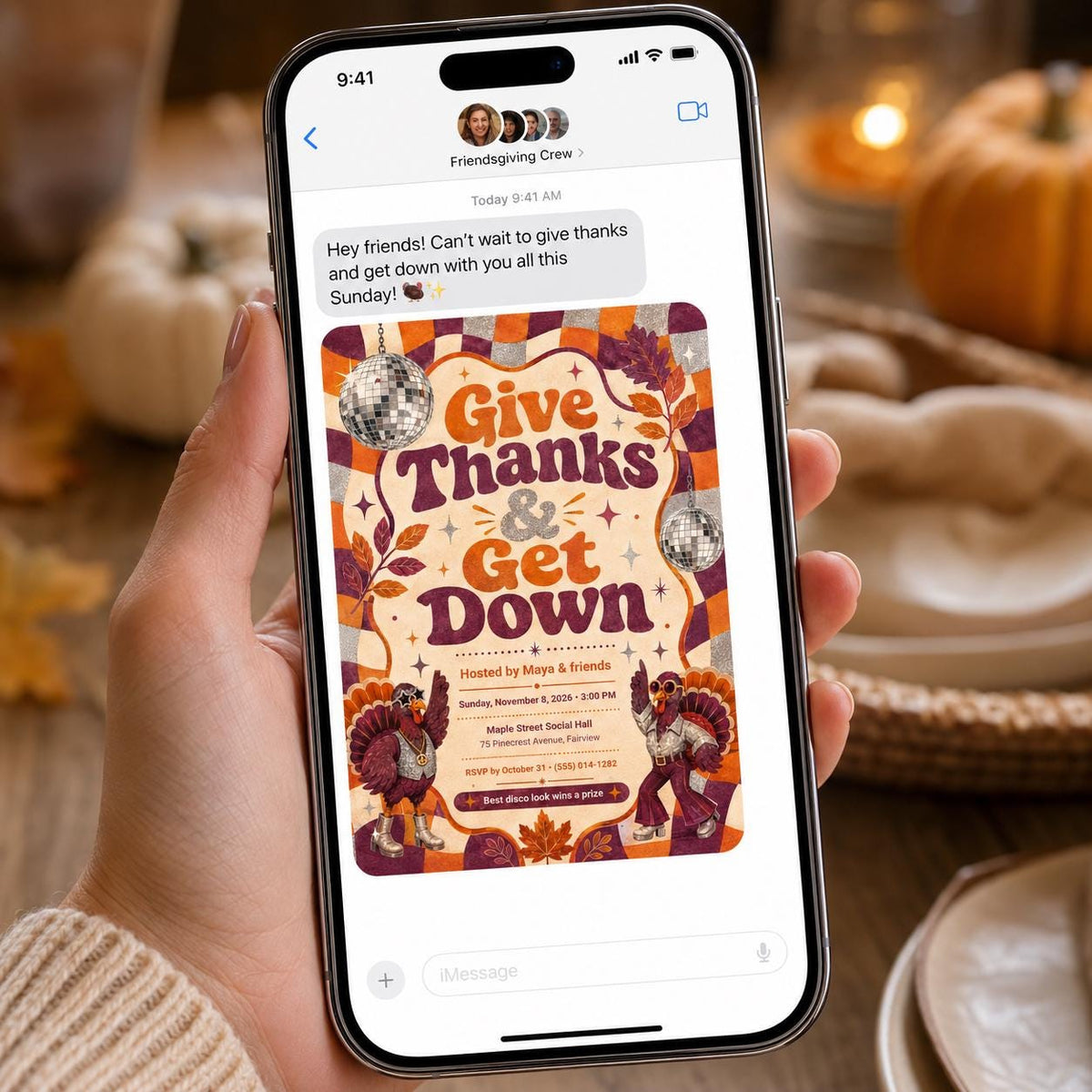 Retro Friendsgiving Disco Party Invitation — print-ready Thanksgiving gathering design from VoltBy