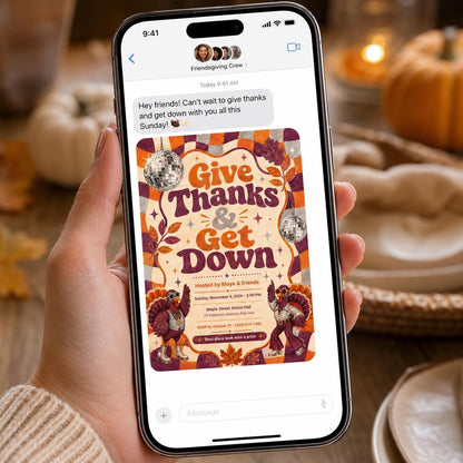 Retro Friendsgiving Disco Party Invitation — print-ready Thanksgiving gathering design from VoltBy
