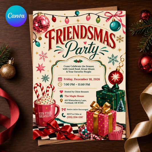 Retro Friendsmas Party Invitation — editable Canva template