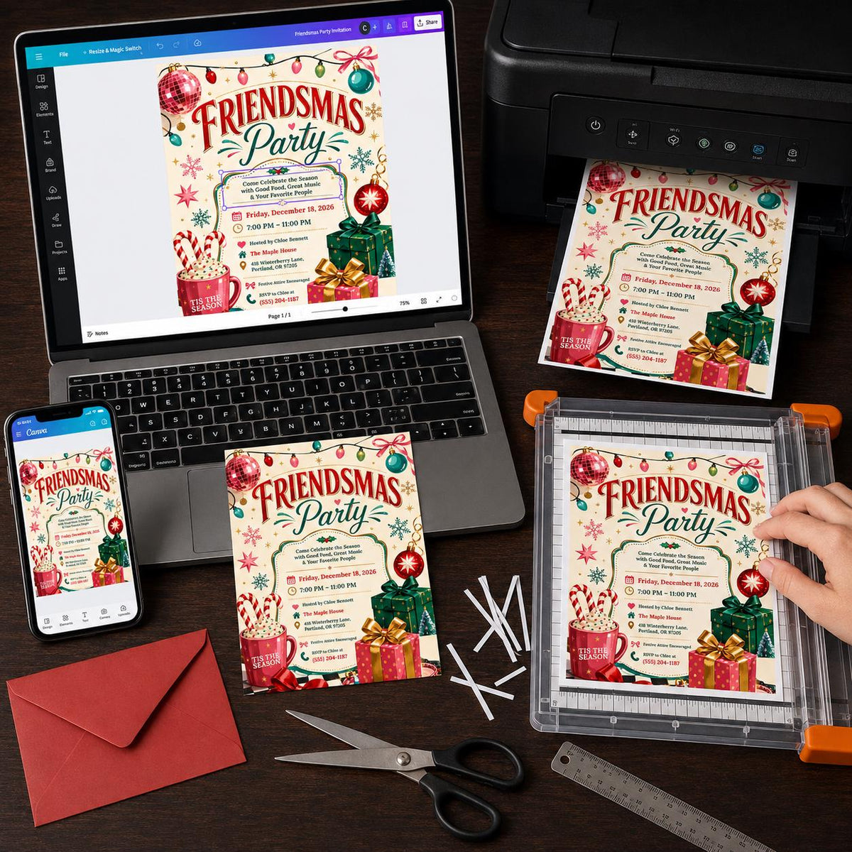 Retro Friendsmas Party Invitation — print-ready Christmas celebration design from VoltBy