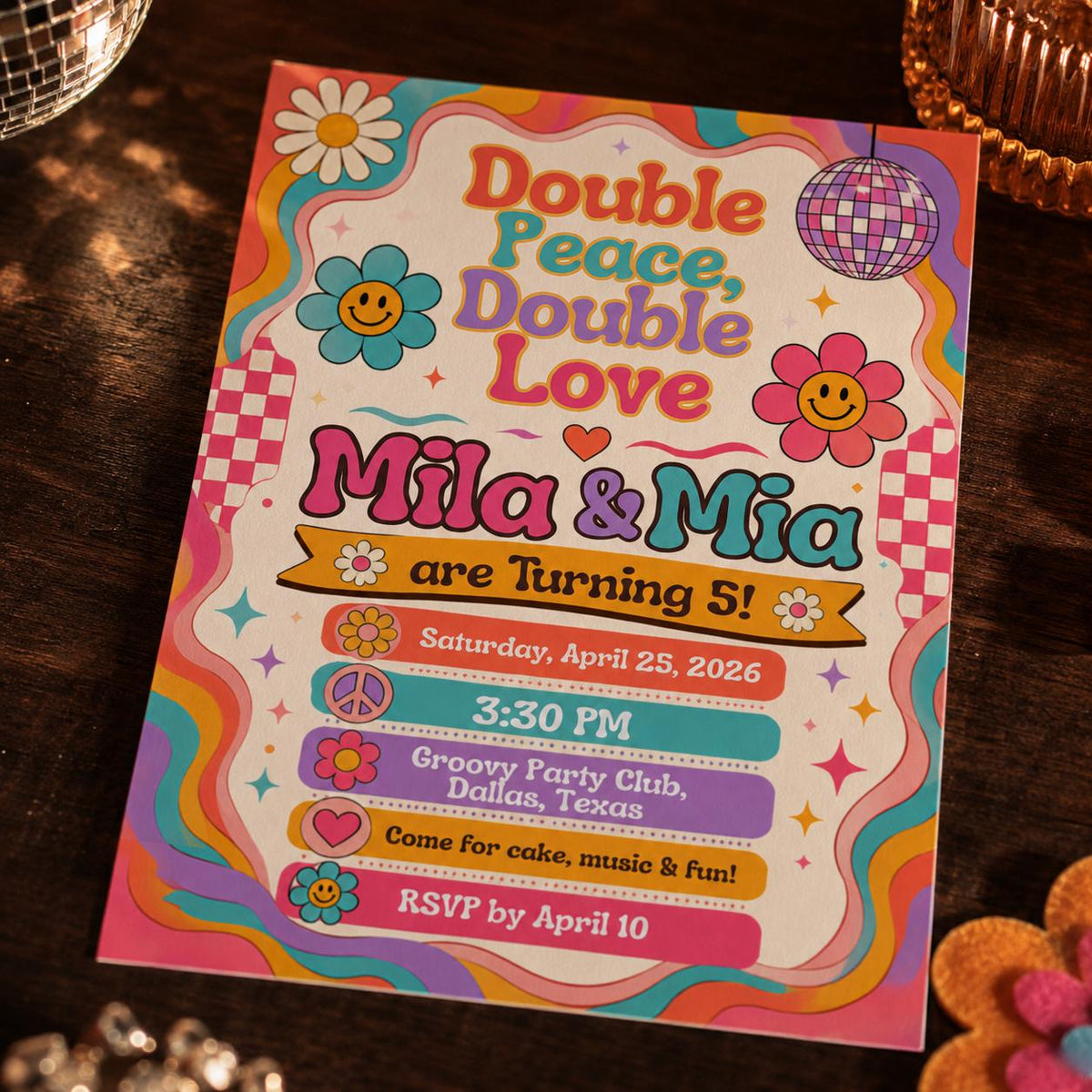 Retro Groovy Double 5th Birthday Invitation — invitation you personalize in Canva