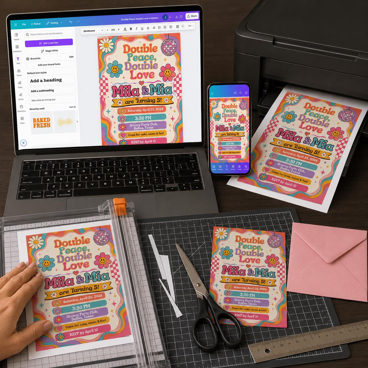 Retro Groovy Double 5th Birthday Invitation — print-ready 5th birthday party design from VoltBy
