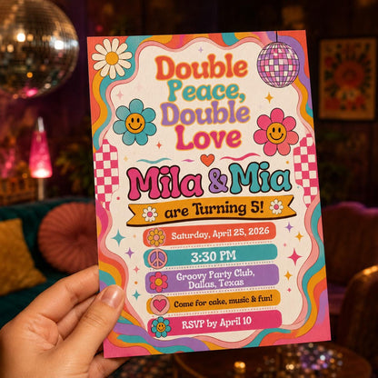 Retro Groovy Double 5th Birthday Invitation — digital invitation, instant download