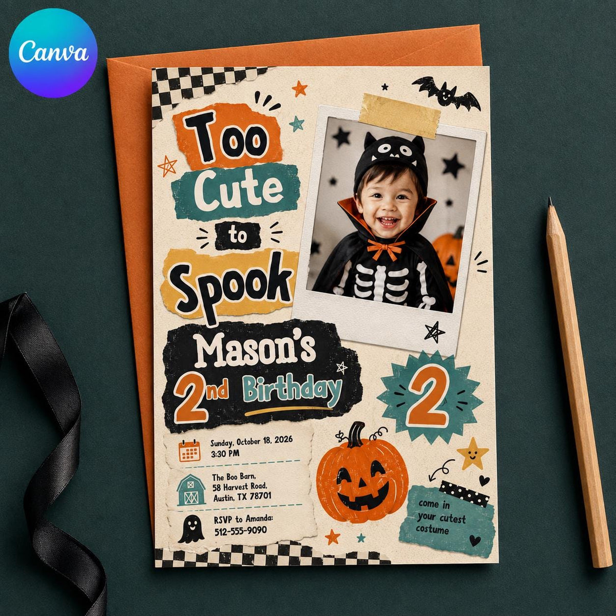 Retro Halloween 2nd Birthday Invitation for Boys — editable Canva template