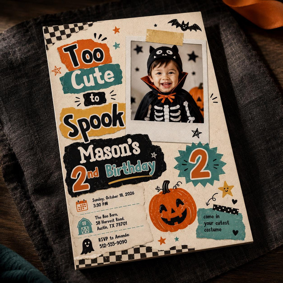 Retro Halloween 2nd Birthday Invitation for Boys — pumpkin design