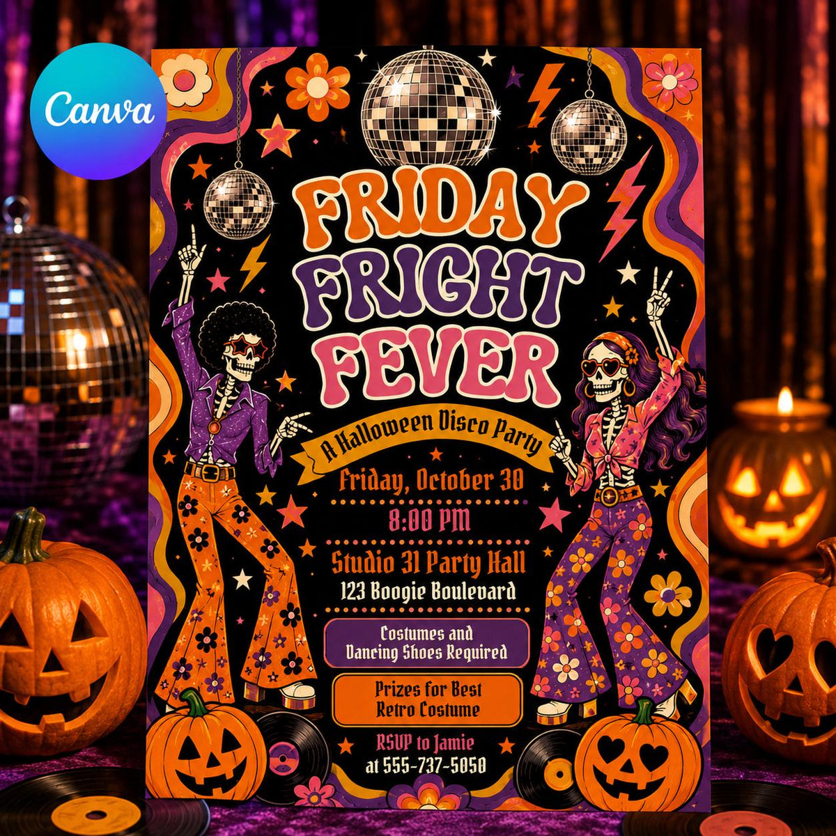 Retro Halloween Disco Party Invitation: Retro Friday Fright Fever — editable Canva template