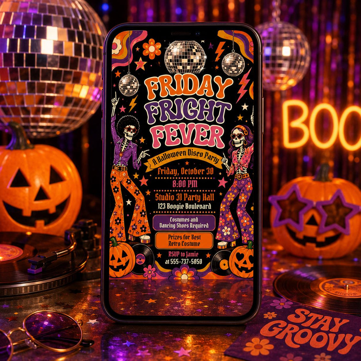 Retro Halloween Disco Party Invitation: Retro Friday Fright Fever — ball design
