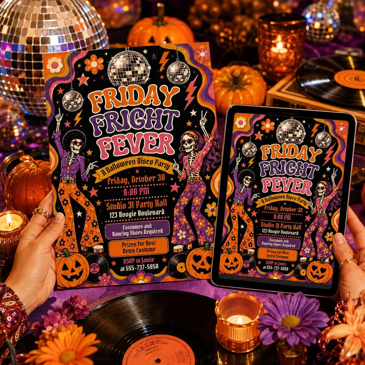 Retro Halloween Disco Party Invitation: Retro Friday Fright Fever — 1970s Halloween party design