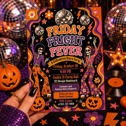 Retro Halloween Disco Party Invitation: Retro Friday Fright Fever — print-ready Halloween party design from VoltBy