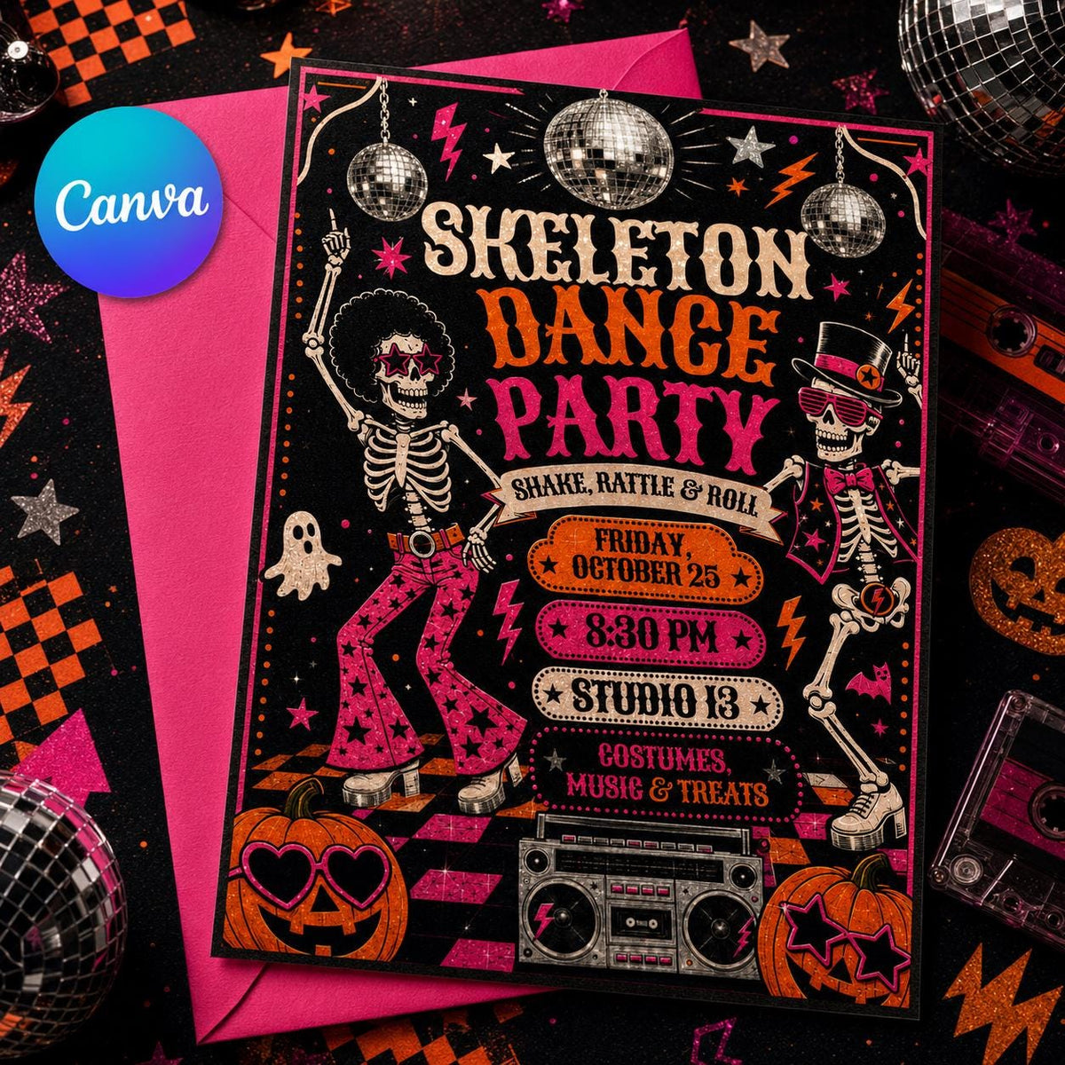 Retro Halloween Disco Party Invitation: Retro Skeleton Dance — editable Canva template