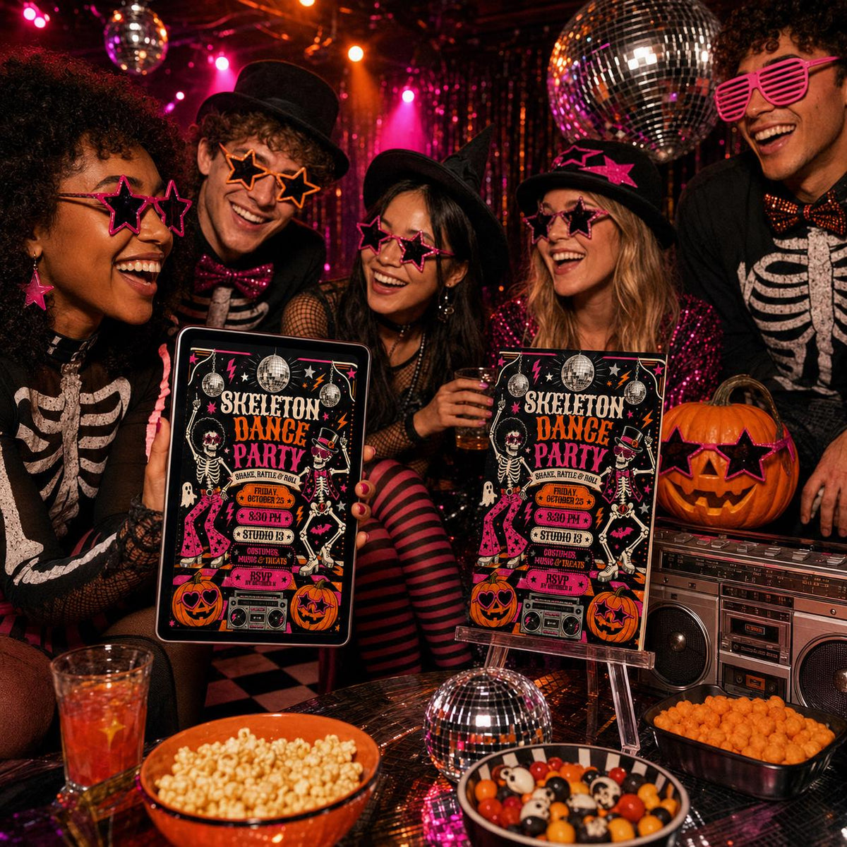 Retro Halloween Disco Party Invitation: Retro Skeleton Dance — ball design