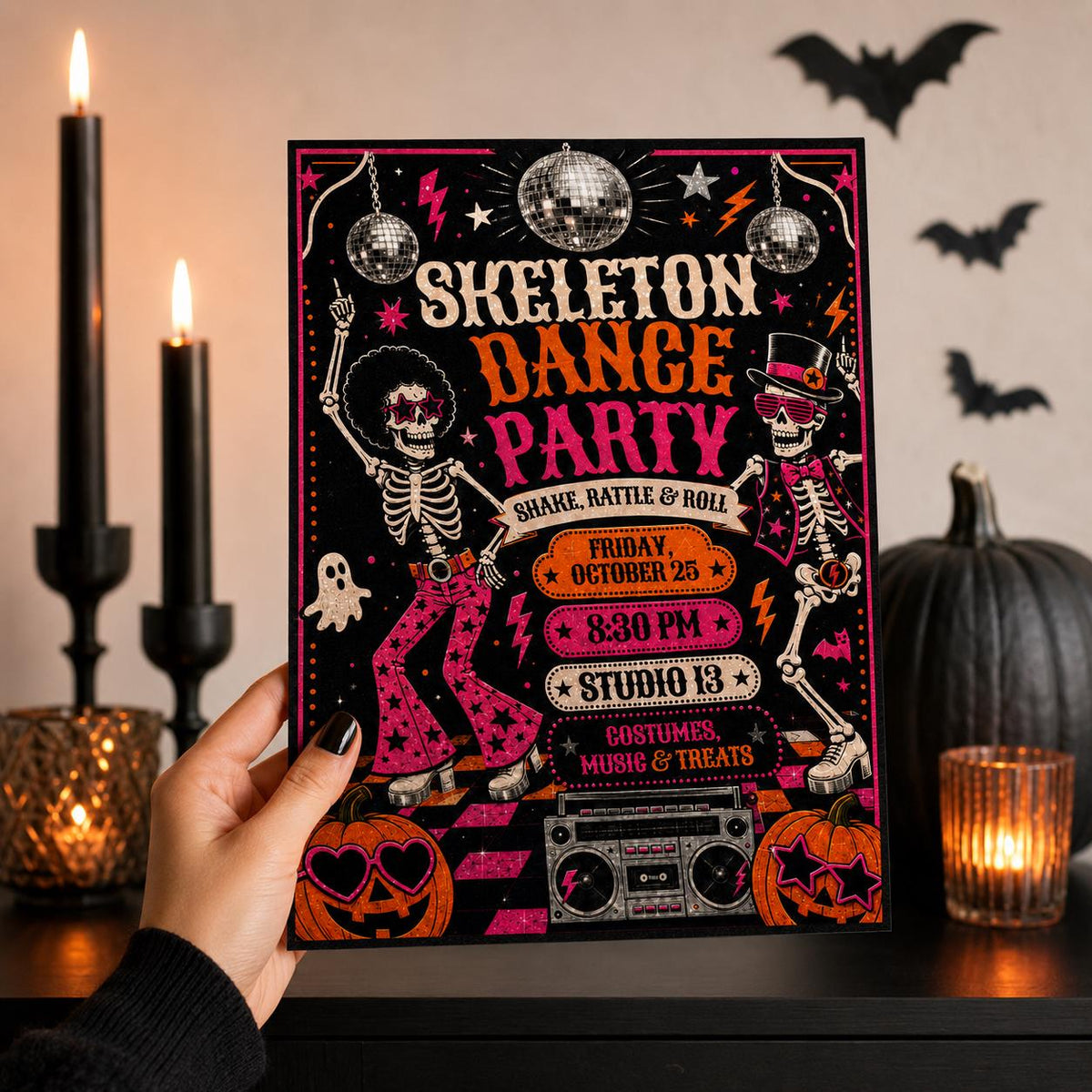 Retro Halloween Disco Party Invitation: Retro Skeleton Dance — invitation you personalize in Canva