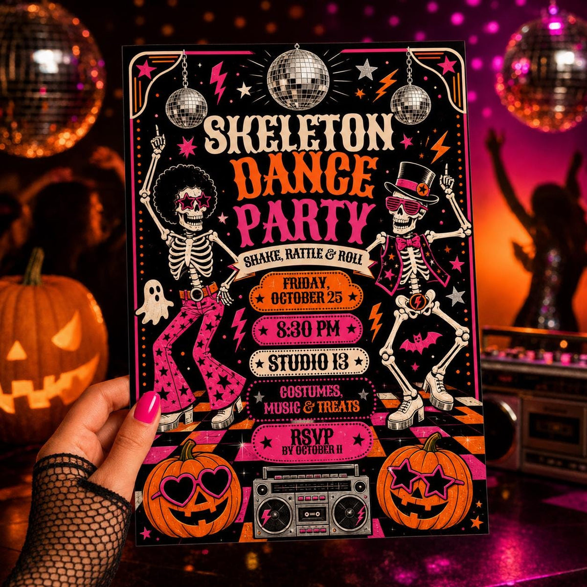 Retro Halloween Disco Party Invitation: Retro Skeleton Dance — 1970s Halloween party design