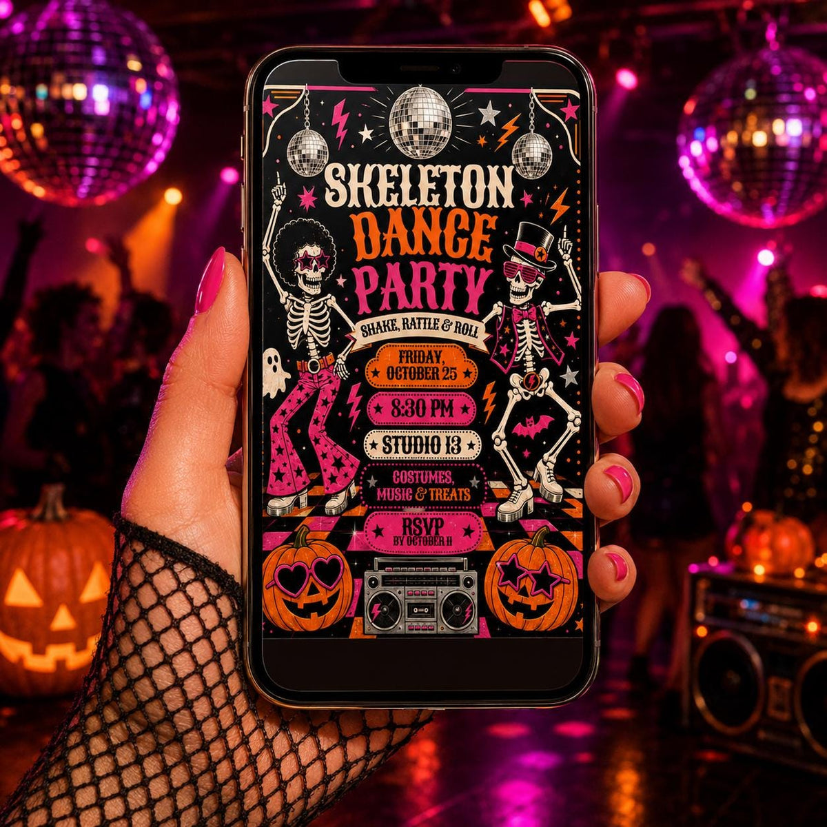 Retro Halloween Disco Party Invitation: Retro Skeleton Dance — print-ready Halloween party design from VoltBy