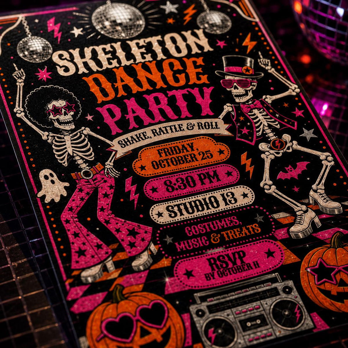 Retro Halloween Disco Party Invitation: Retro Skeleton Dance — digital invitation, instant download