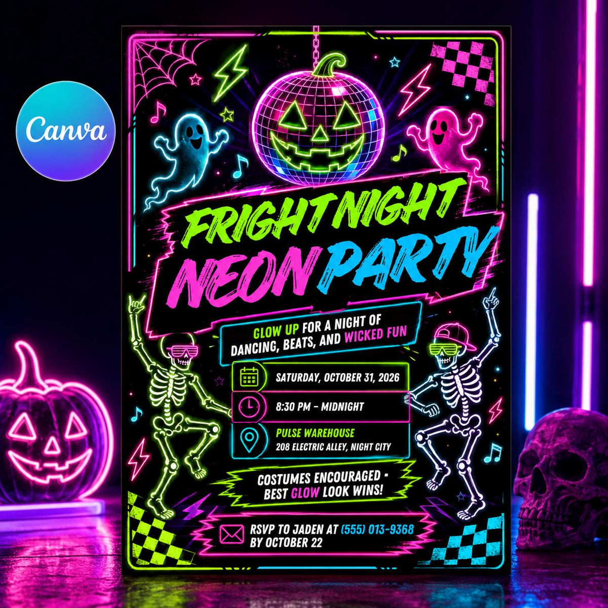 Retro Halloween Neon Party Invitation — editable Canva template