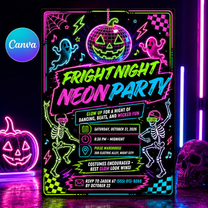 Retro Halloween Neon Party Invitation — editable Canva template