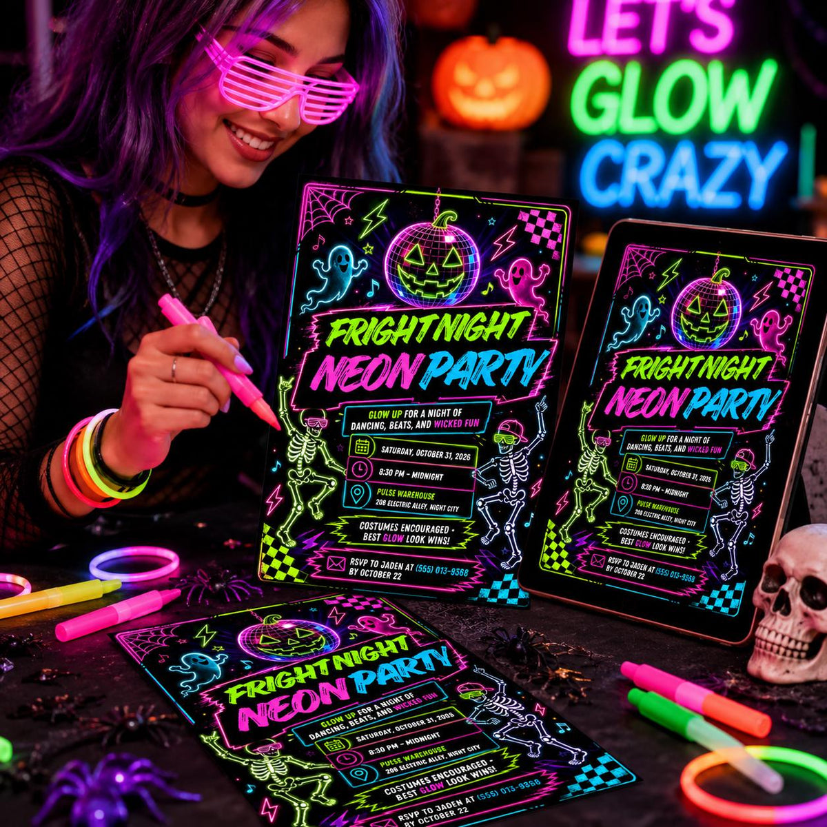 Retro Halloween Neon Party Invitation — 1980s Halloween party design