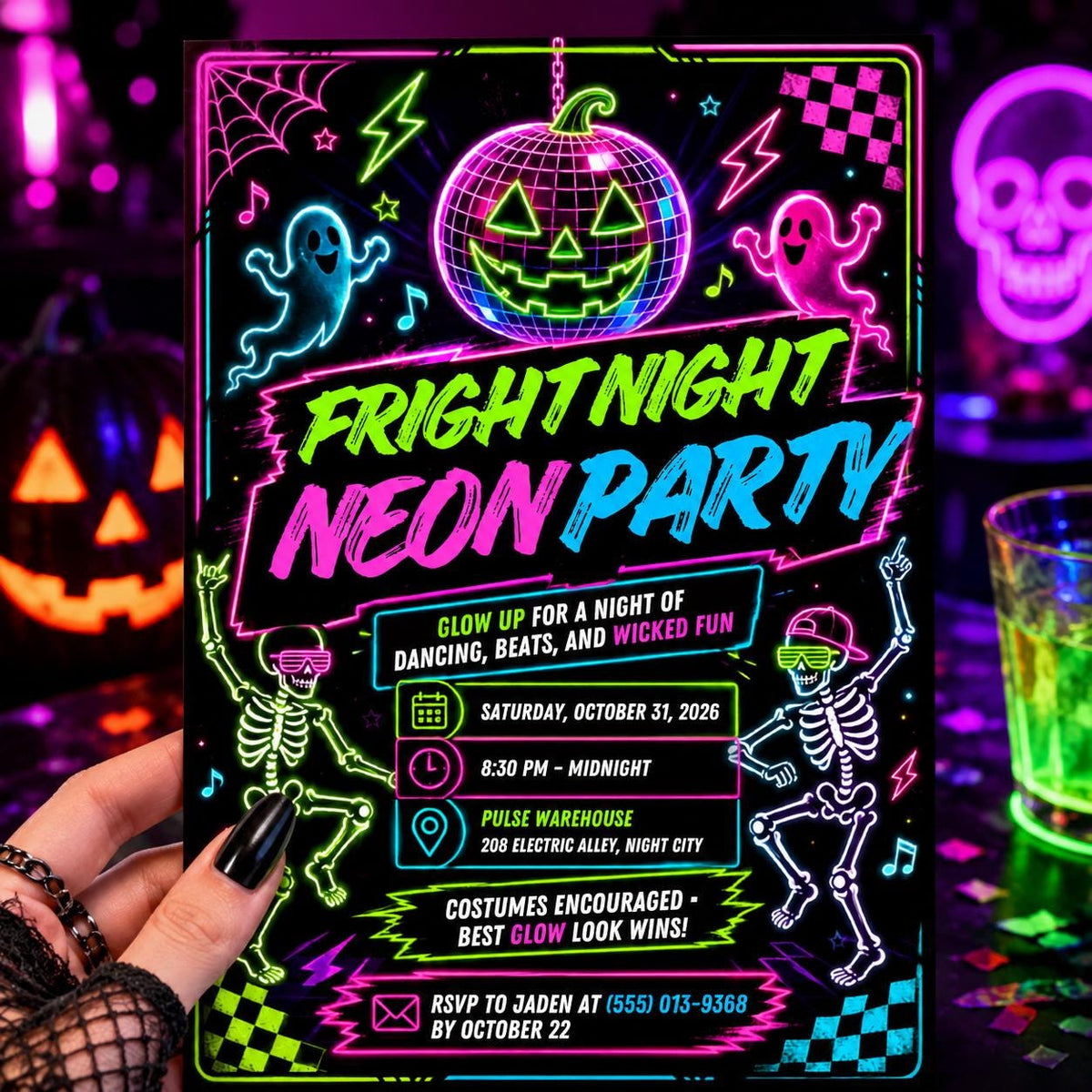 Retro Halloween Neon Party Invitation — print-ready Halloween party design from VoltBy