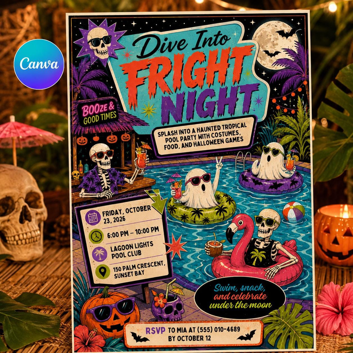 Retro Halloween Pool Party Invitation — editable Canva template